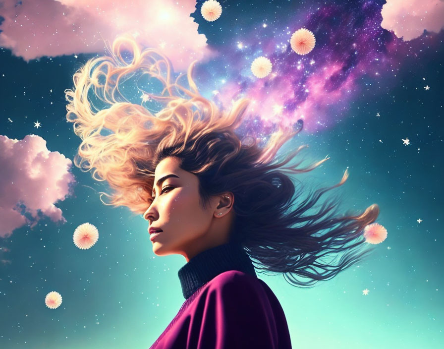 Woman with Flowing Hair in Cosmic Galaxy Background: Surreal Ethereal Atmosphere