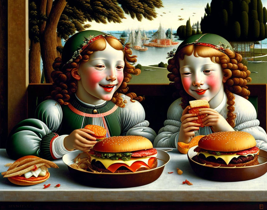Surreal painting of children in Renaissance attire eating hamburgers
