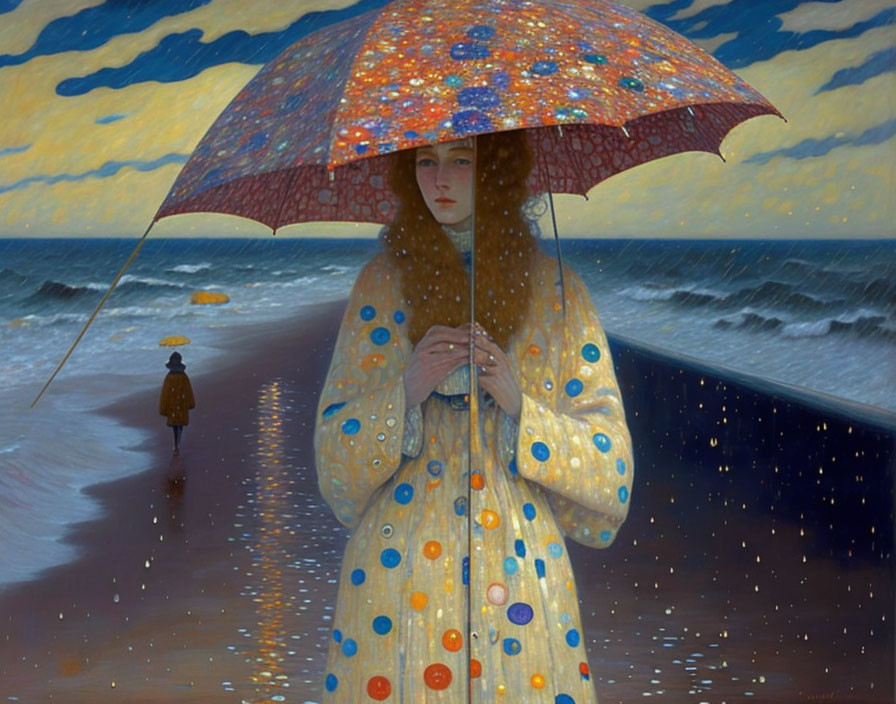 Red-haired woman with polka-dotted umbrella on beach under starry sky