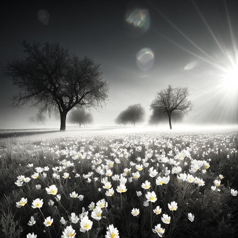 Monochrome landscape with sunburst, white flowers, and silhouette trees