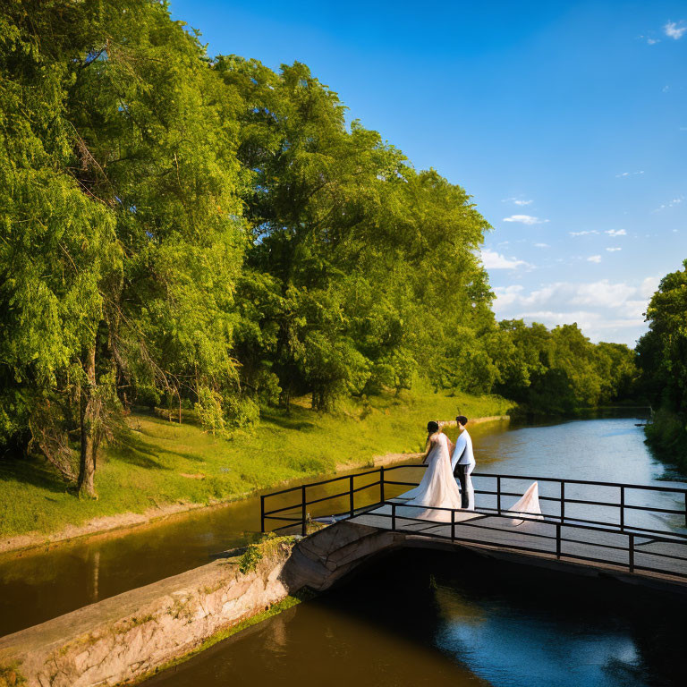 Wedding couple on bridge over tranquil river with lush green trees