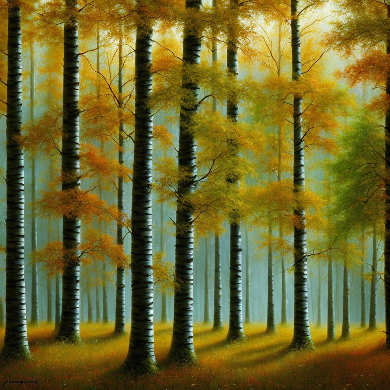 Autumn forest scene with tall trees and golden leaves under soft light