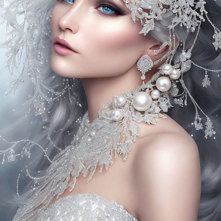 Fantasy portrait of woman with icy-blue eyes and ornate pearl headpiece
