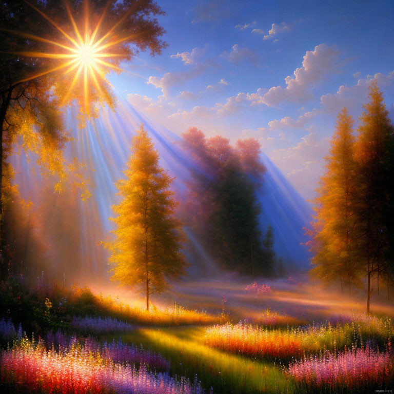 Sunbeams illuminate misty forest with colorful wildflowers