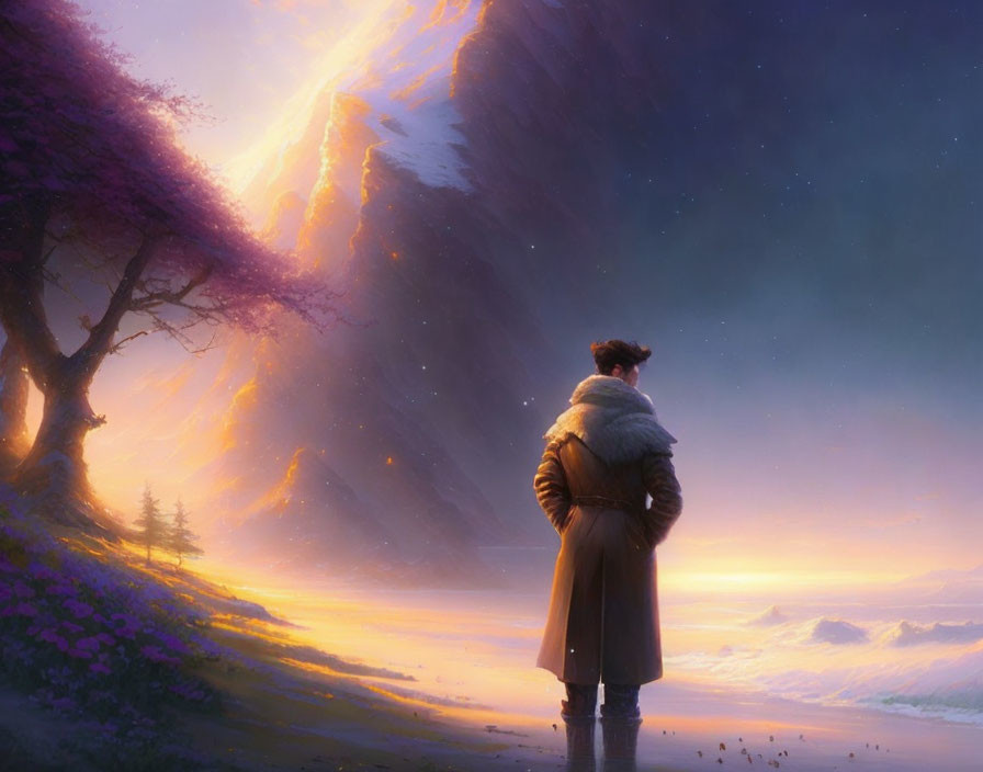 Person in coat under purple tree views surreal glowing mountain and starry sky