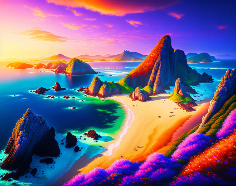 Colorful flower-covered hills, beaches, and sunset in surreal landscape