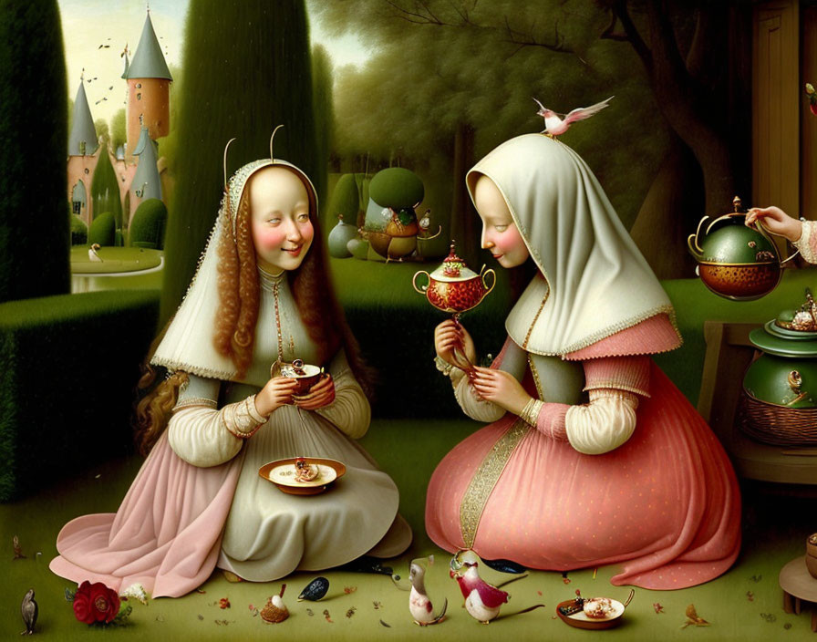 Medieval-themed artwork: Two women drinking in whimsical garden