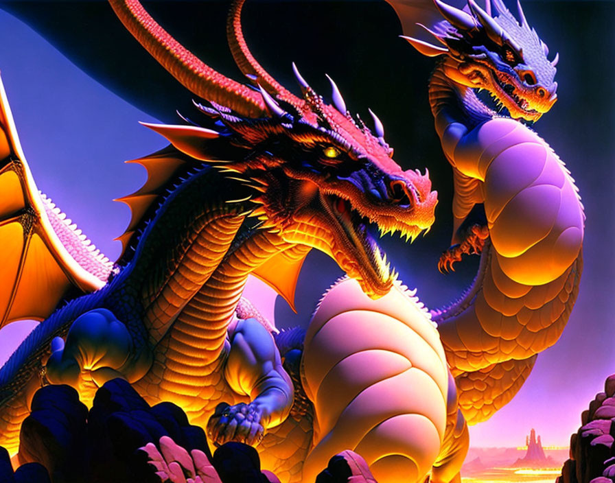 Vibrantly colored dragons guard glowing cityscape with eggs