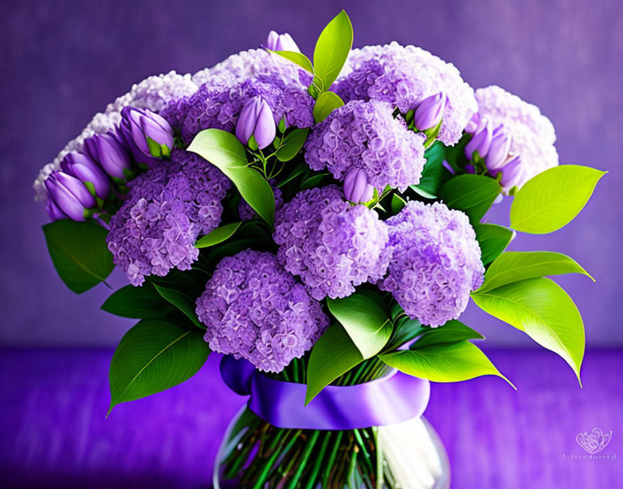Purple Hydrangeas and Tulips in Clear Vase on Purple Background