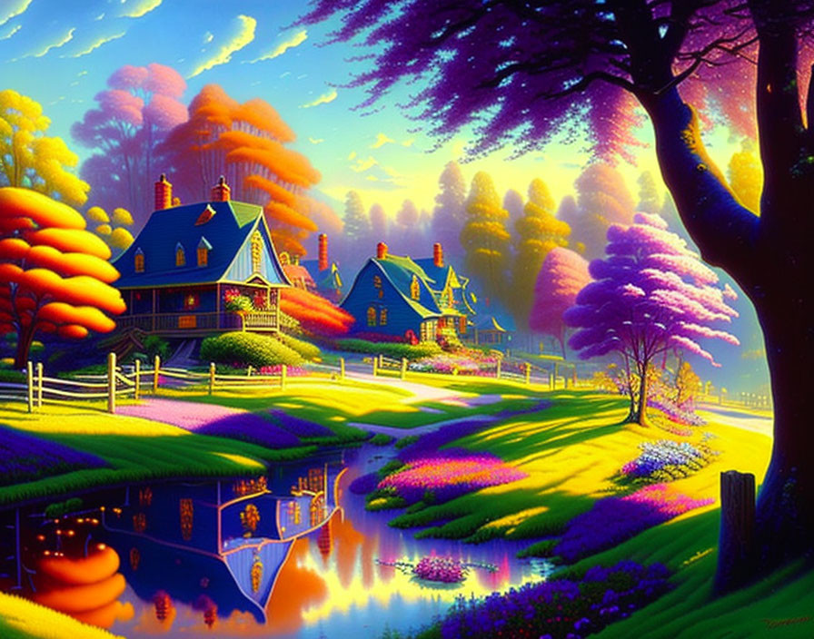 Colorful Landscape with Whimsical Trees, Starry Sky, Houses, and River