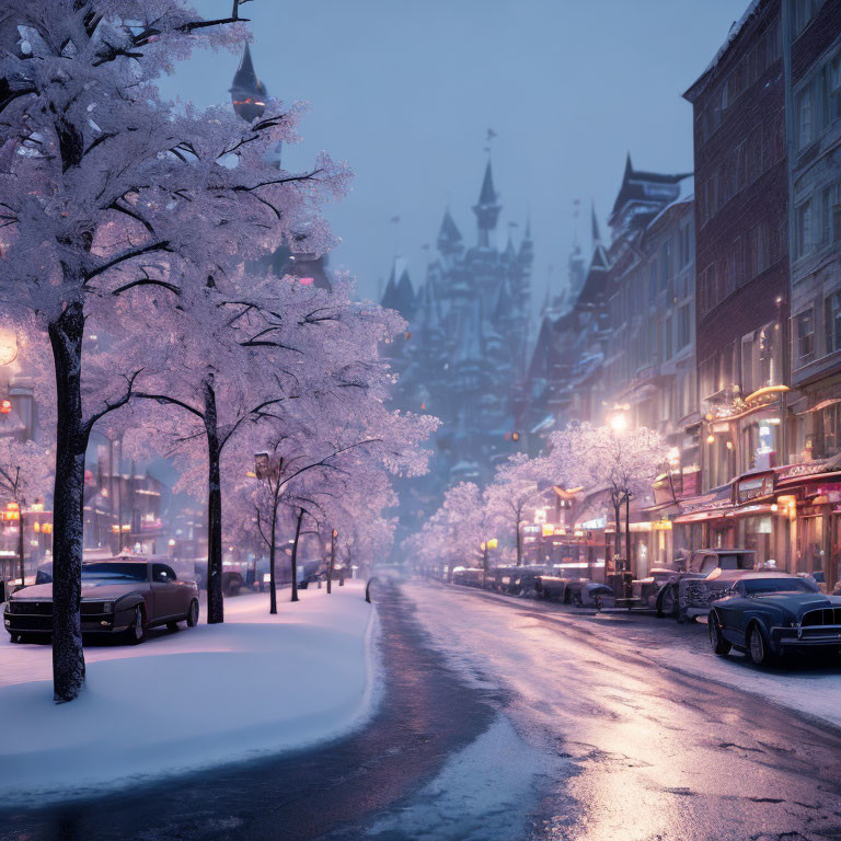 Snowy city street at twilight with illuminated trees, parked cars, and castle-like building.