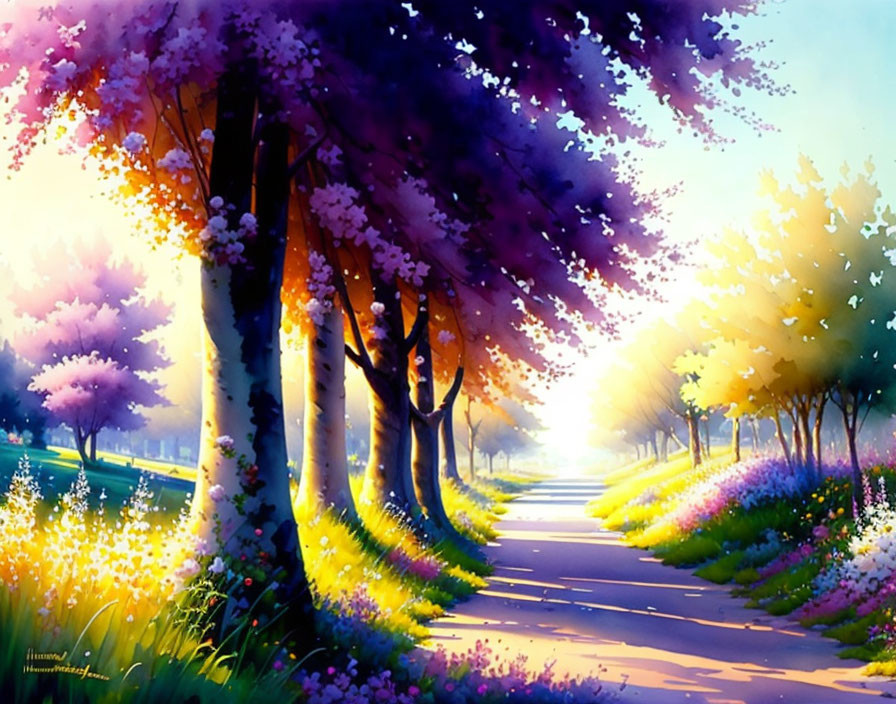 Blooming purple and pink trees on vibrant pathway