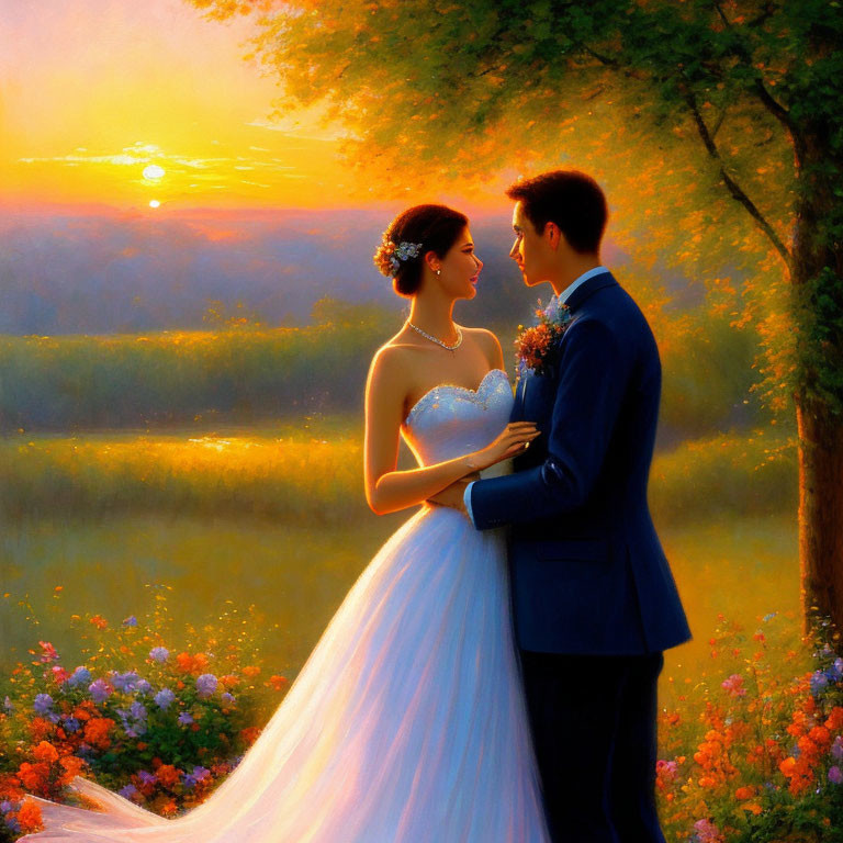 Couple in Wedding Attire Embracing at Sunset in Flower Field