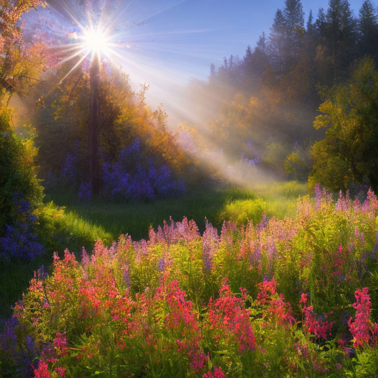 Sunbeams Illuminate Colorful Meadow with Wildflowers