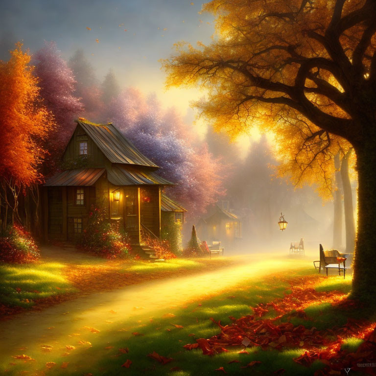 Cozy cottage in autumn forest with glowing windows