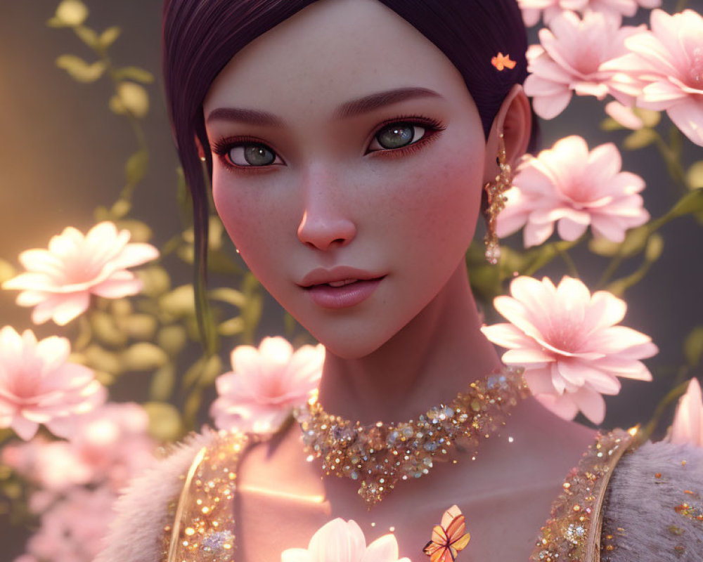 3D-rendered female character with purple hair and glowing skin among pink flowers and butterfly-themed gold jewelry