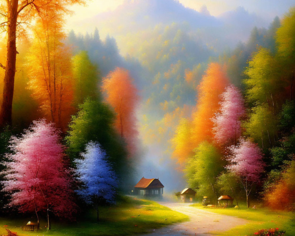 Vibrant autumn landscape with colorful trees and cozy cottages