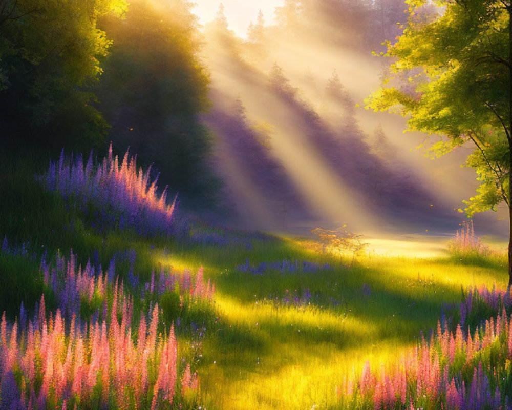 Tranquil forest landscape with sunlight, purple flowers, and green grass