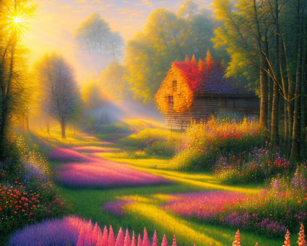 Colorful landscape with wooden cottage and blooming flowers in sunlight