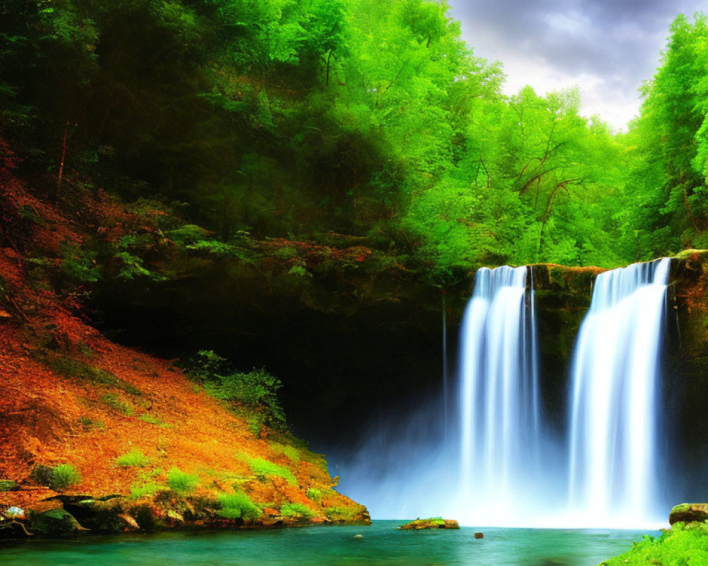 Lush forest with waterfall, serene river, green trees, red-brown earth
