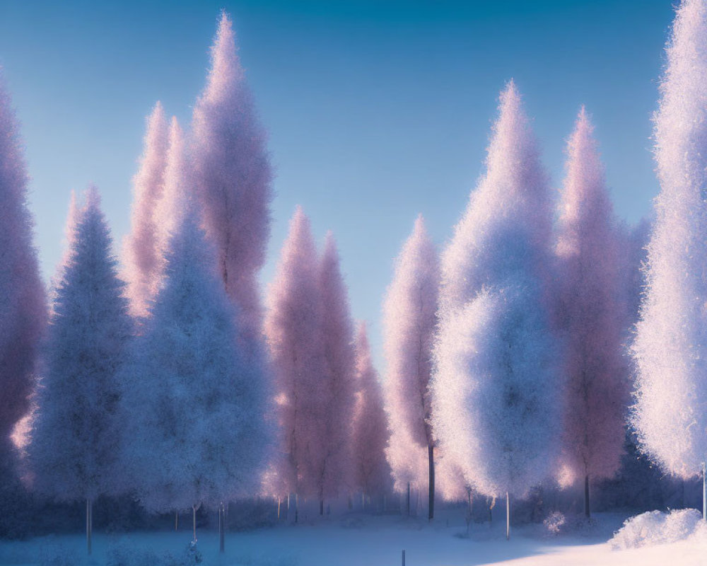 Frost-covered trees in pink and white against a blue sky