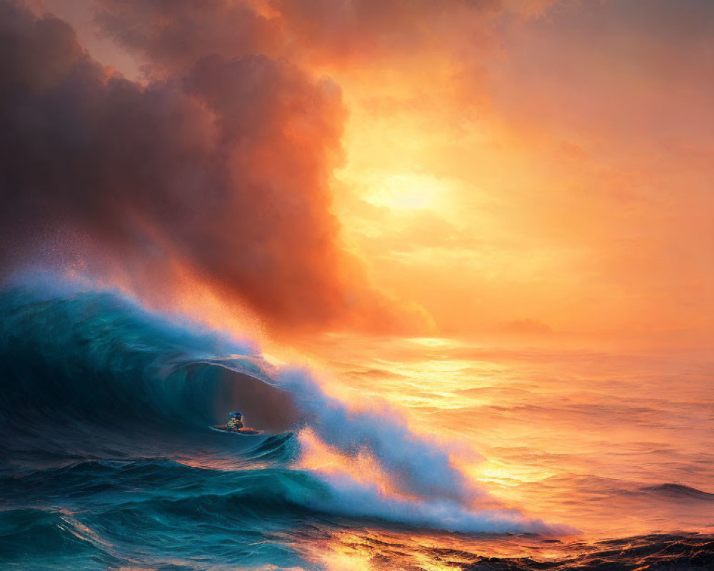 Surfer riding massive wave at sunset with vibrant orange and blue colors