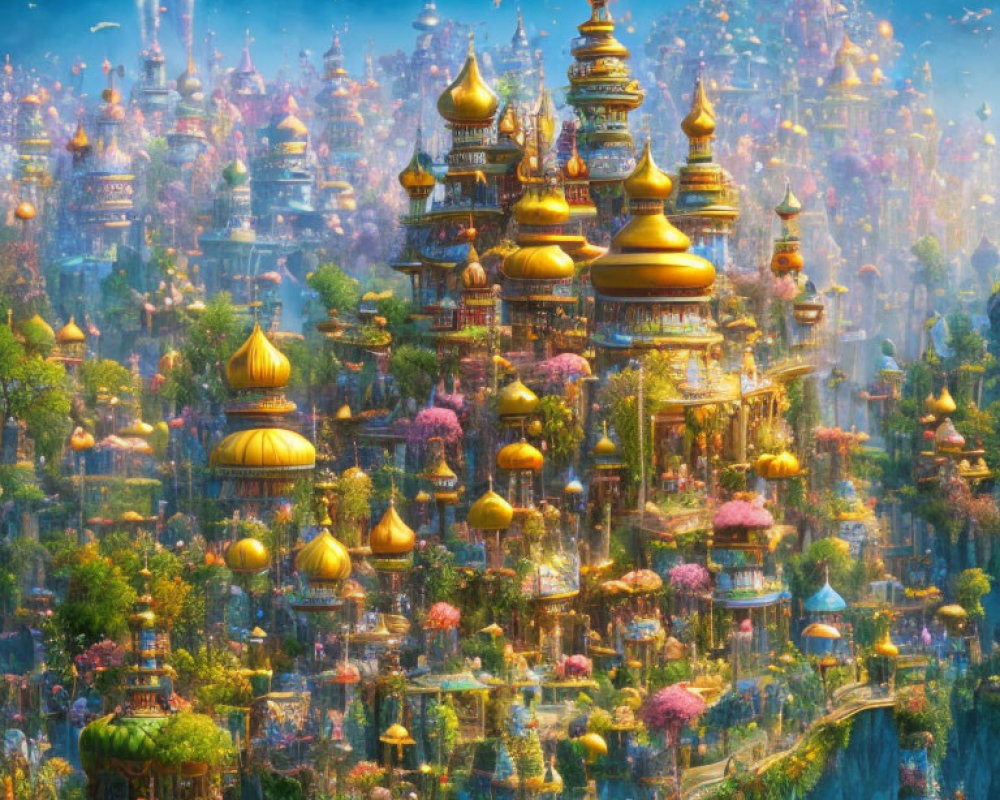 Fantastical Cityscape: Golden Towers, Lush Greenery, Waterfalls & Flying Creatures