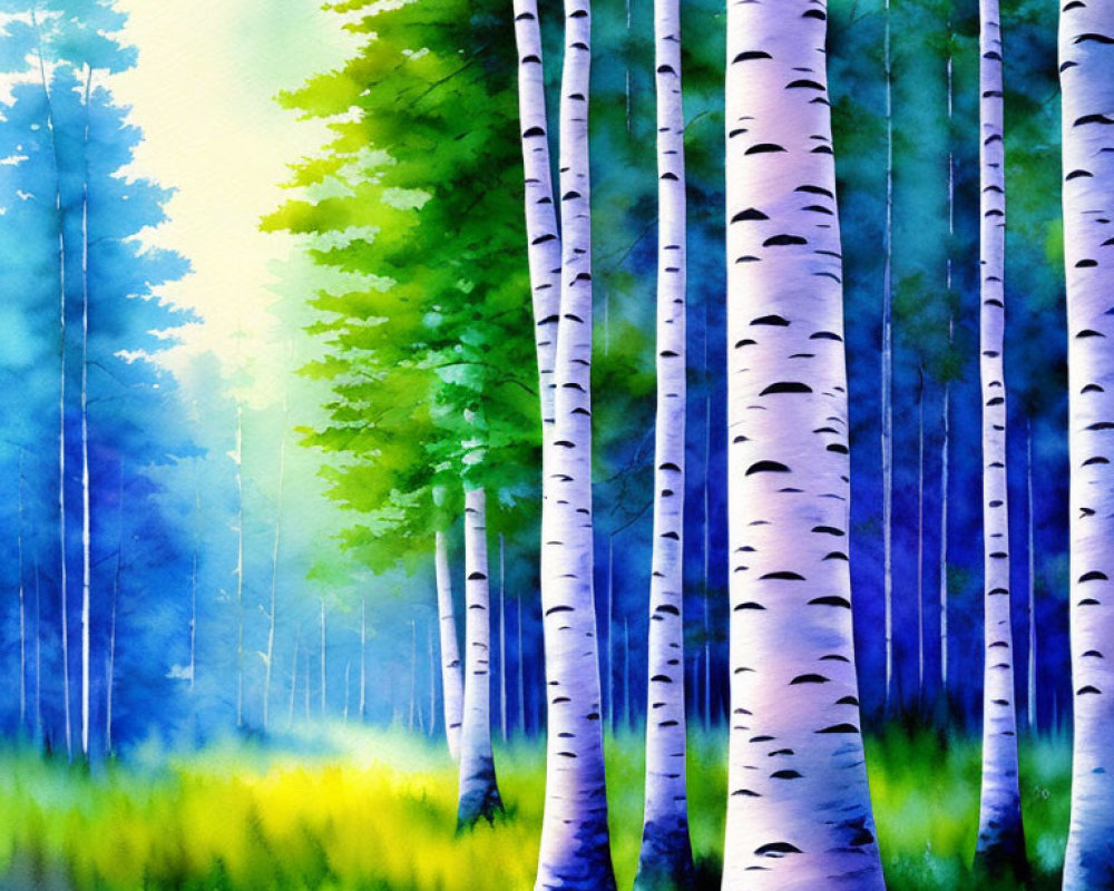 Vivid watercolor painting of birch forest with lush green grass and sunlight.
