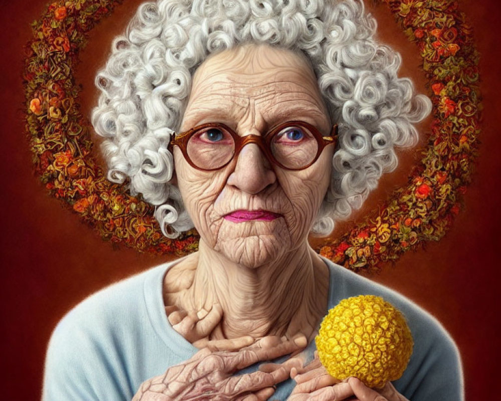 Elderly woman with gray hair and glasses holds yellow ball among autumn leaves