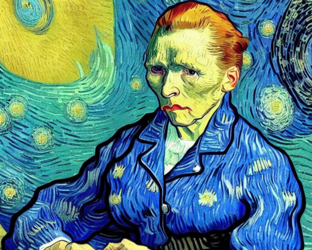 Man with Red Hair and Beard in Post-Impressionist Style on Starry Night Background