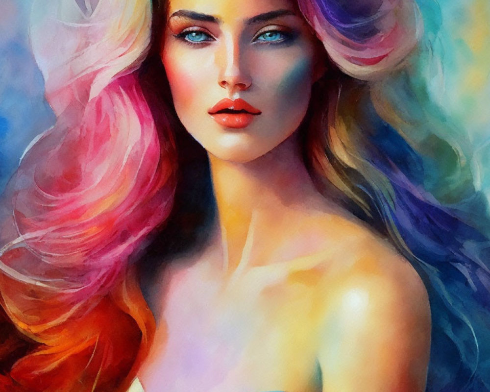 Colorful painting of woman with multicolored hair and blue eyes