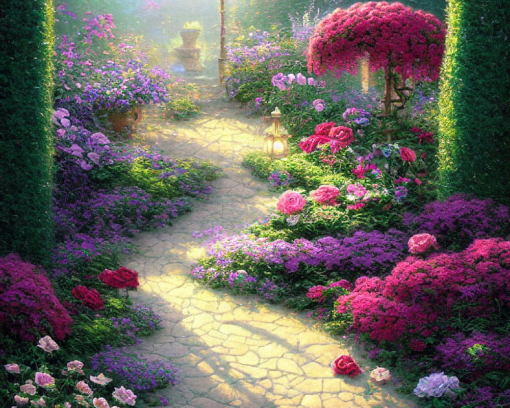 Vibrant garden path with flowers, foliage, statue, and lanterns at dusk or dawn
