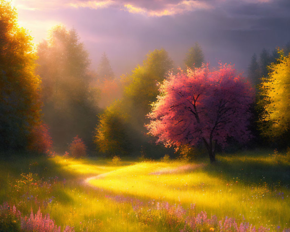 Misty forest with pink blossoms and lush greenery