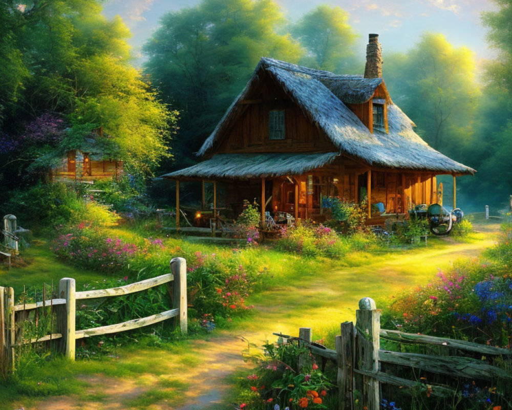 Rustic wooden cottage in lush greenery at sunset