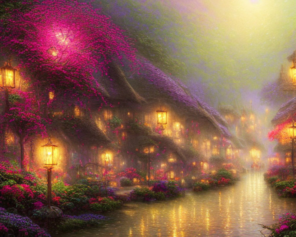Enchanted village with thatched cottages and purple flowers in misty setting.