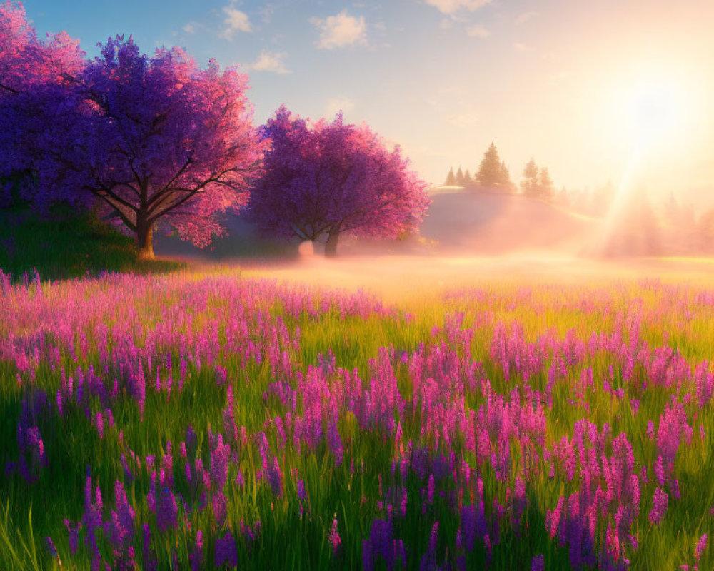 Tranquil sunrise over lavender field with pink blossoming trees
