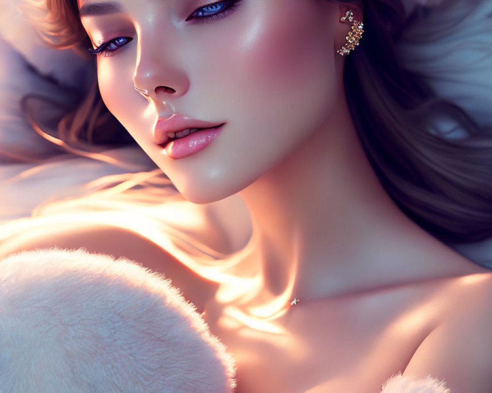 Detailed close-up of woman with flawless makeup and elegant earring in soft pink lighting.