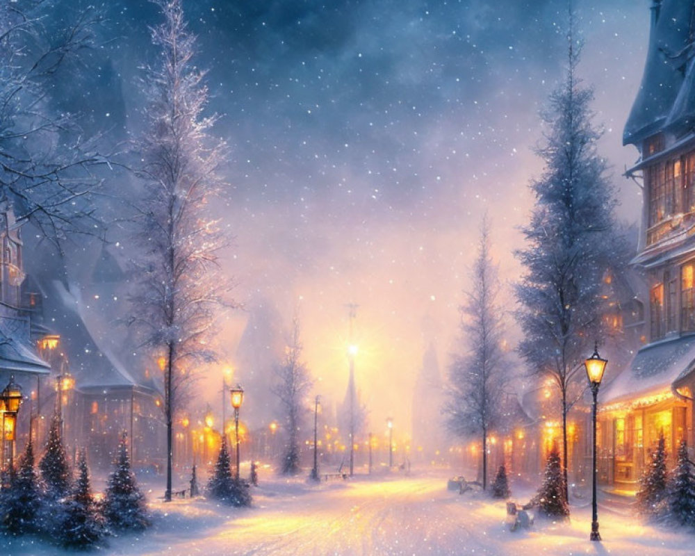 Snow-covered trees and charming building in a winter night scene