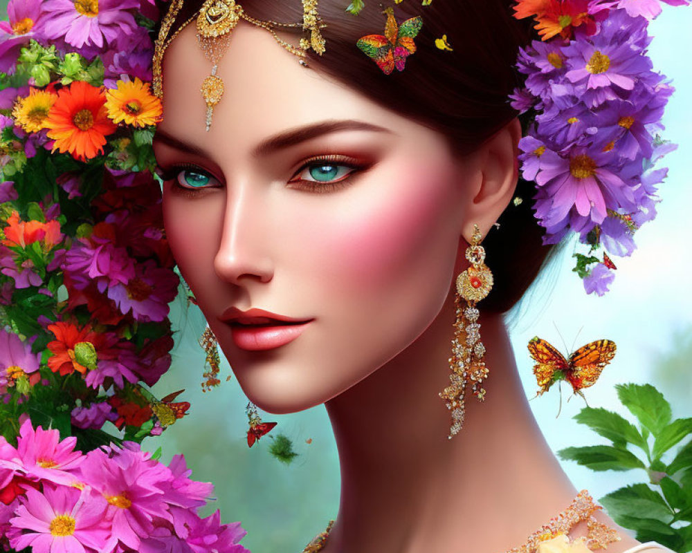Digital artwork: Woman with floral and butterfly motifs