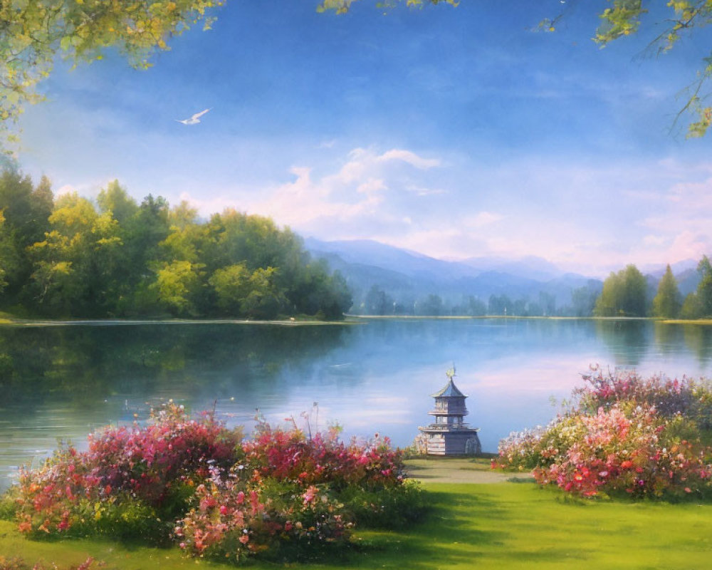 Tranquil lakeside landscape with gazebo, flowers, trees, mountains, sky, and bird
