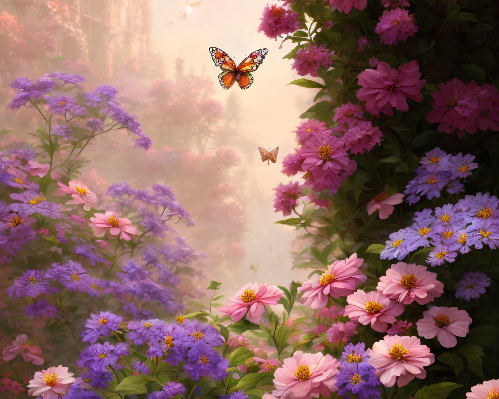 Tranquil floral landscape with pink and purple flowers and butterflies against golden backdrop