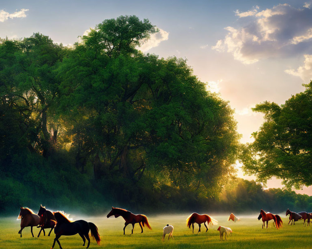 Herd of horses galloping in sunlit field with mist and trees