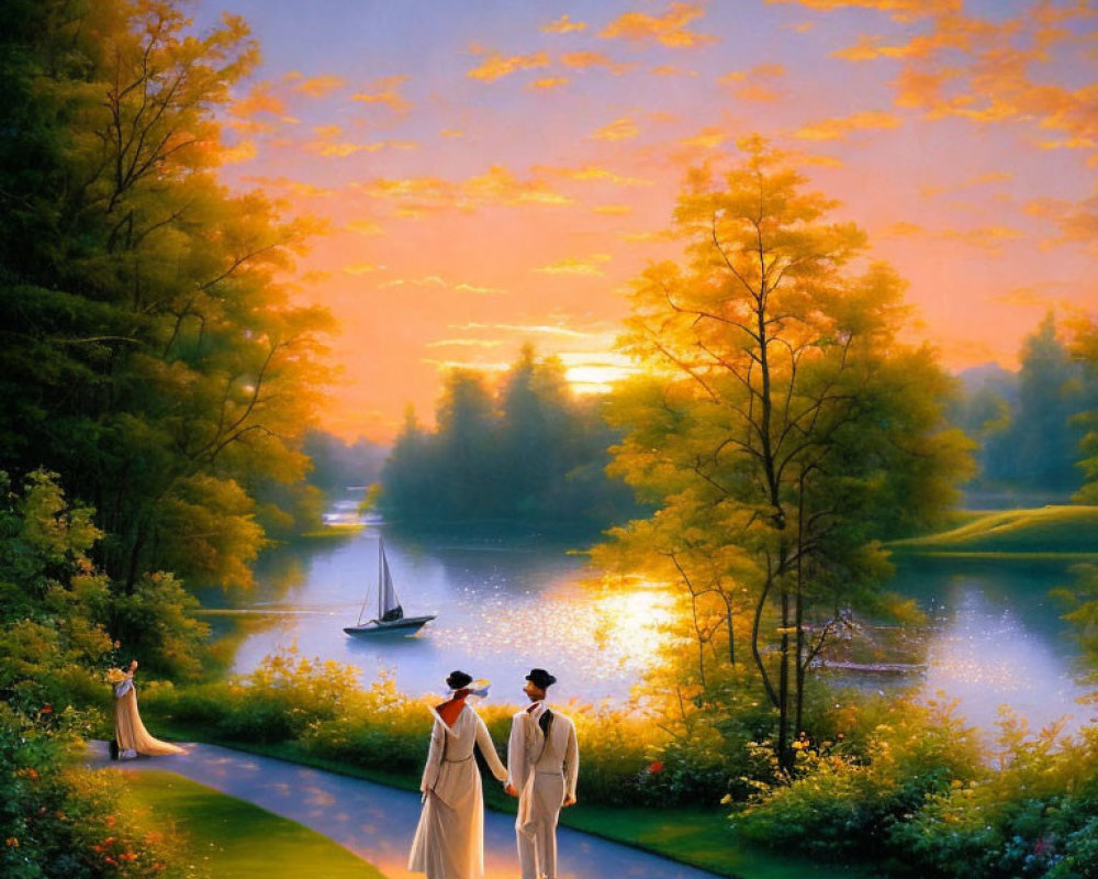 Serenity at sunset: Two figures by lake with sailboat & lush foliage