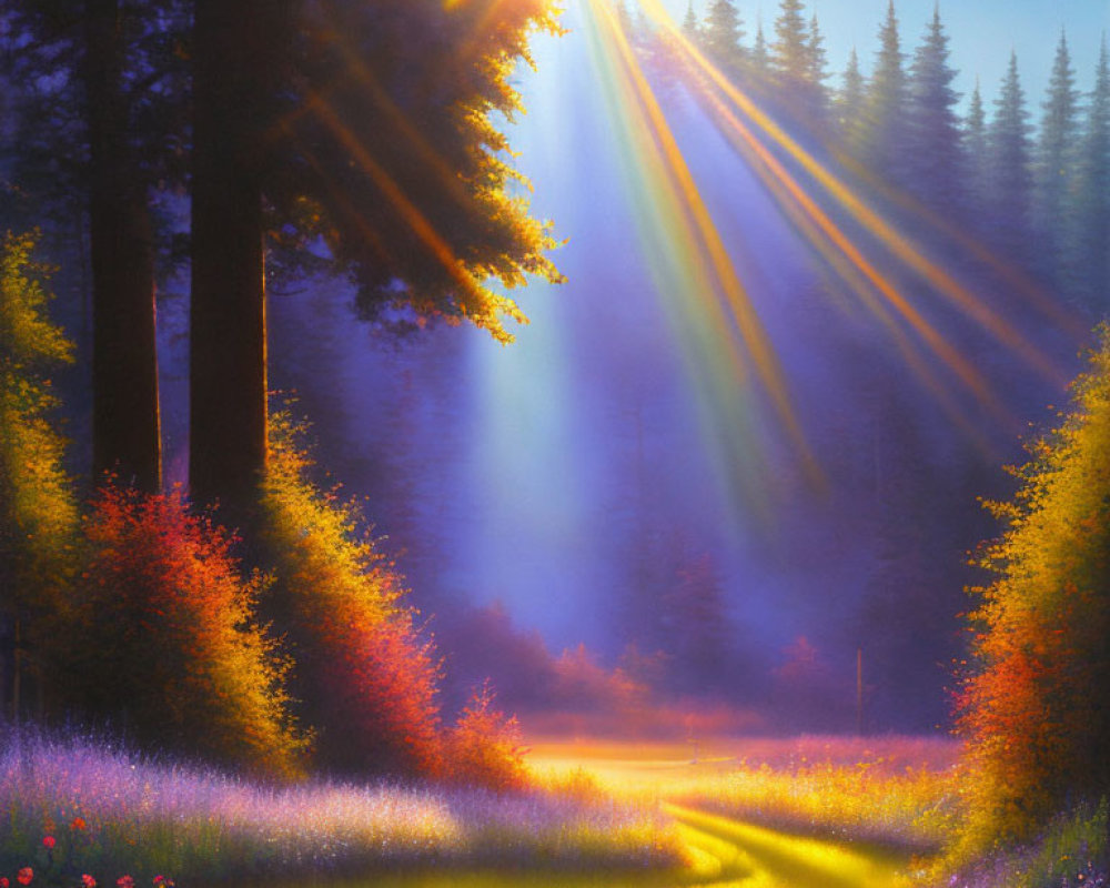 Lush Forest Scene with Sunbeams and Wildflowers