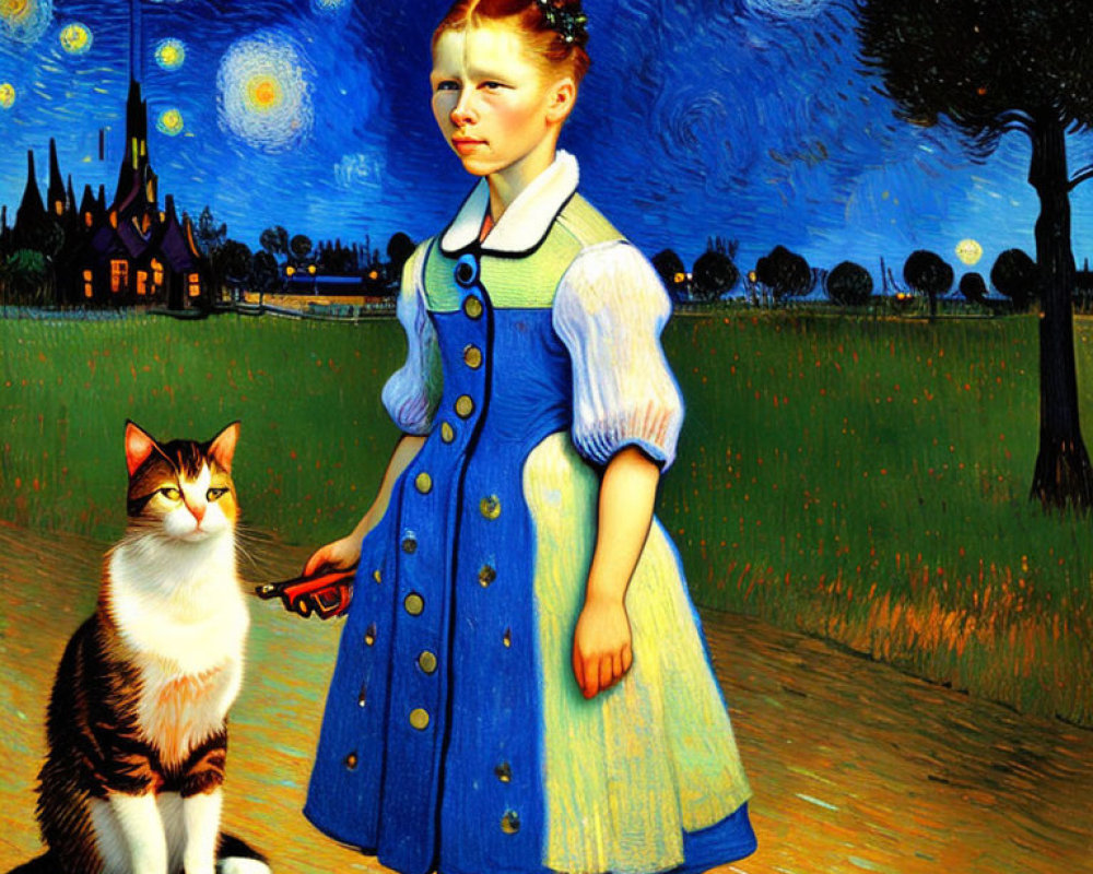 Girl in Blue Dress Beside Cat Under Starry Sky in Van Gogh Style