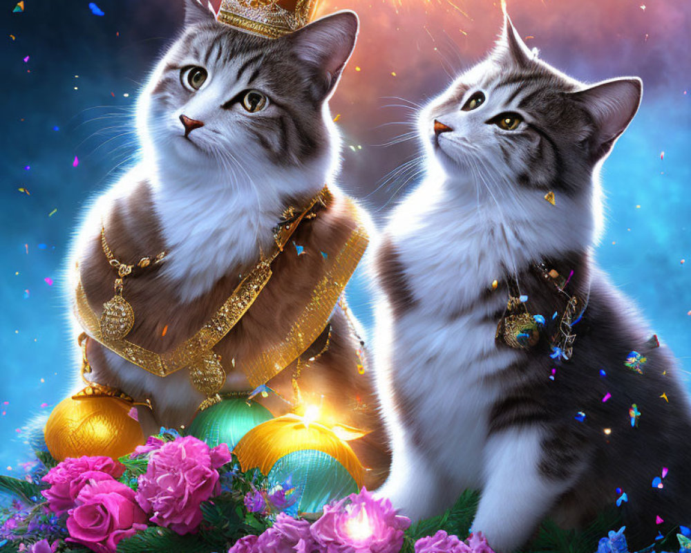 Regally adorned cats with fireworks and flowers backdrop