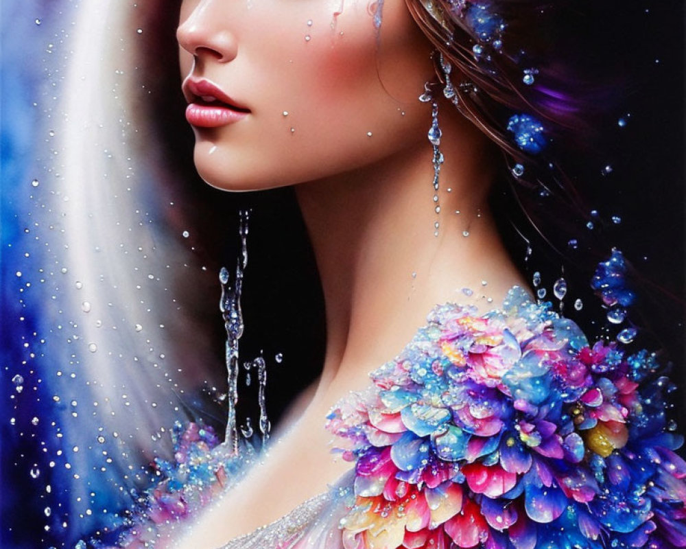 Colorful Woman Portrait with Floral Adornments and Tear Drops on Dark Background