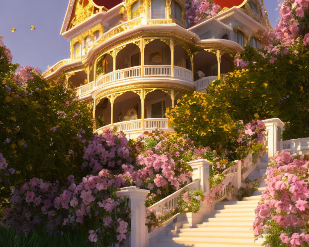Ornate multi-tiered building with pink flowers, staircase, butterflies