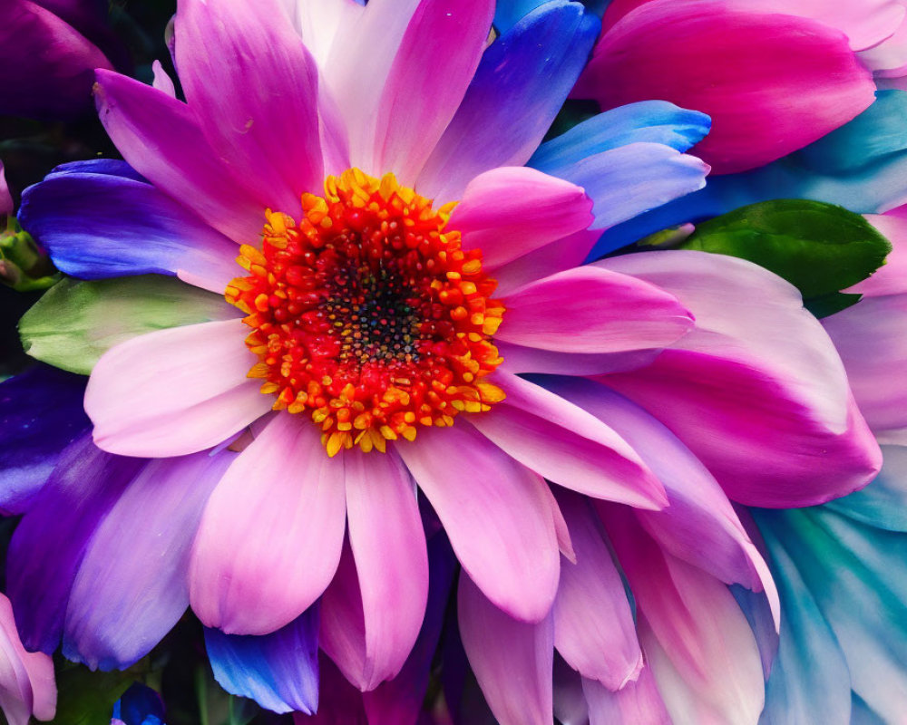 Colorful close-up of pink and purple flower with fiery red and orange center in blue and purple surroundings