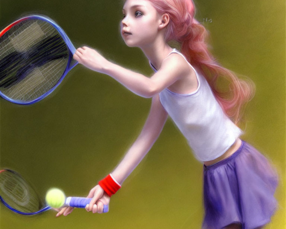 Pink-haired girl playing tennis in purple skirt and sleeveless top